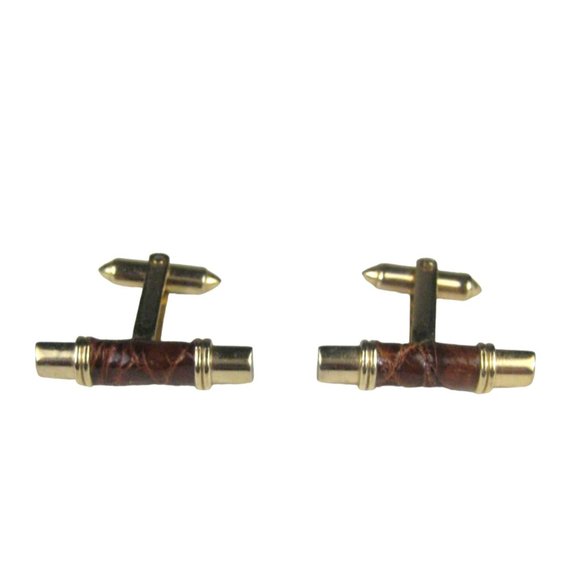 Leather Goldtone Set 2 Cufflink Vintage Bullet MCM MOD Midcentury Modern - Picture 1 of 6